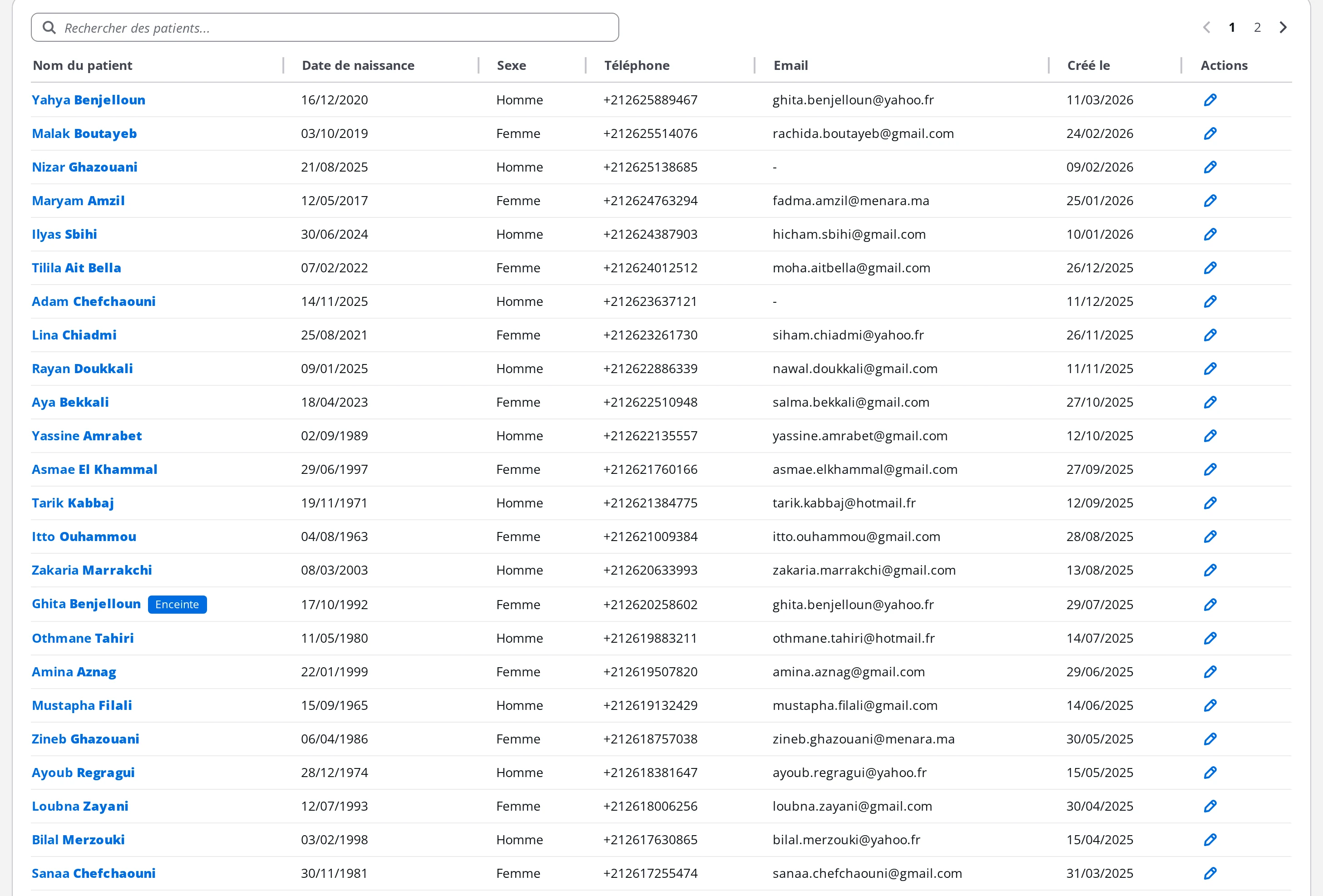 Liste des patients d'un cabinet médical sur DrBook : nom, date de naissance, sexe, téléphone, email et date de création