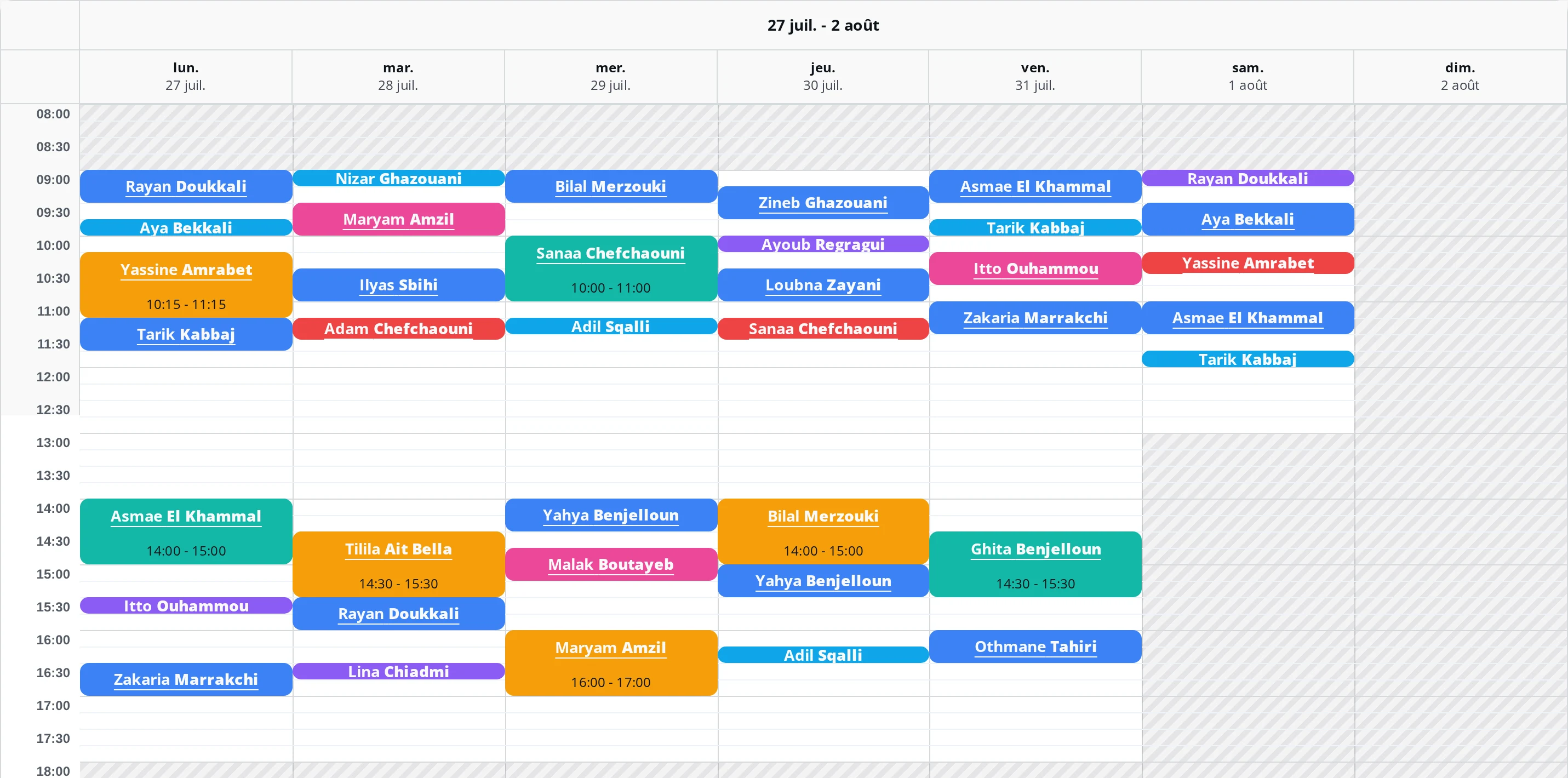 Calendrier hebdomadaire d'un cabinet médical sur DrBook, avec les rendez-vous colorés par type de consultation