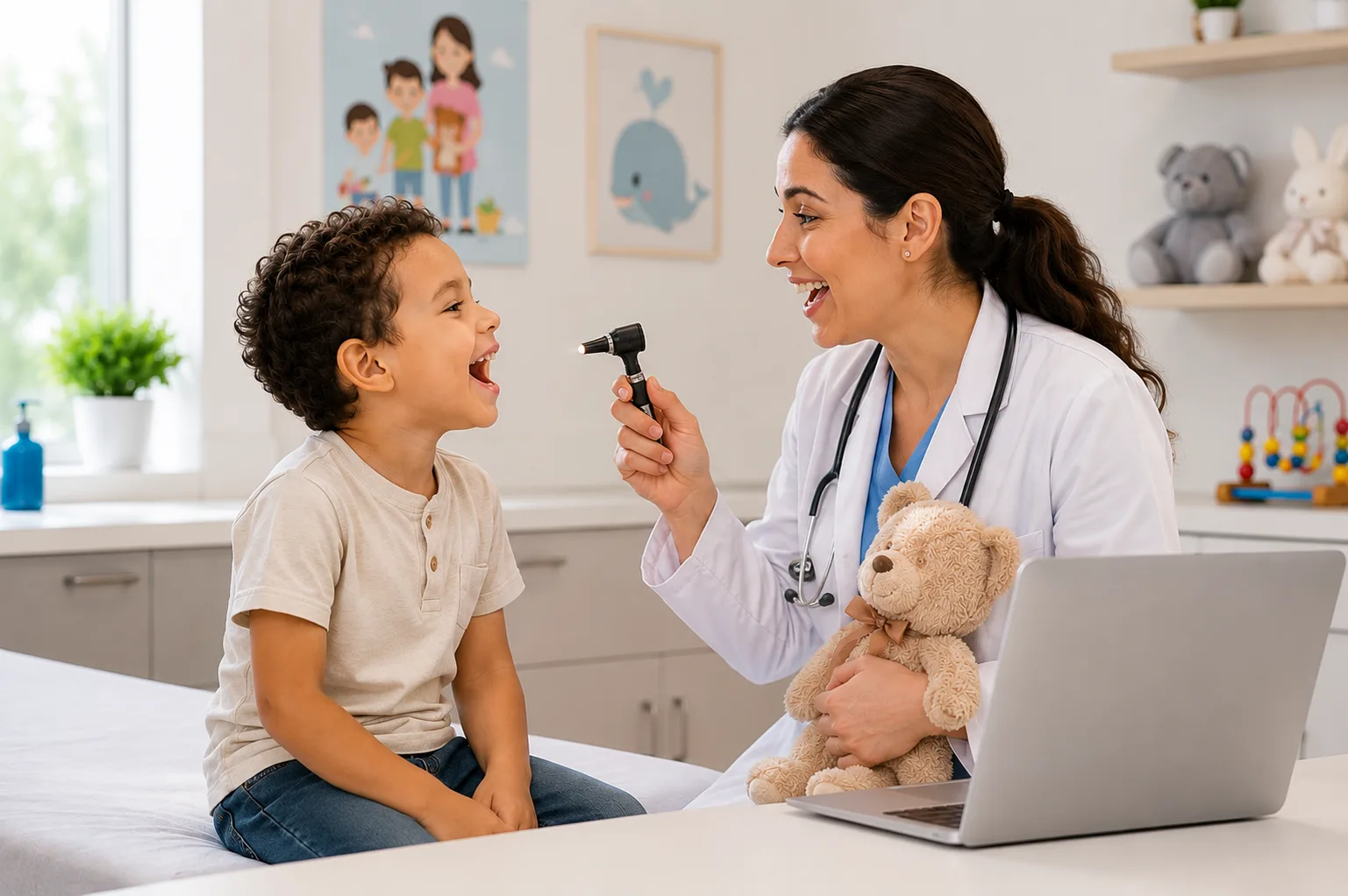 Pédiatre examinant un enfant souriant dans son cabinet